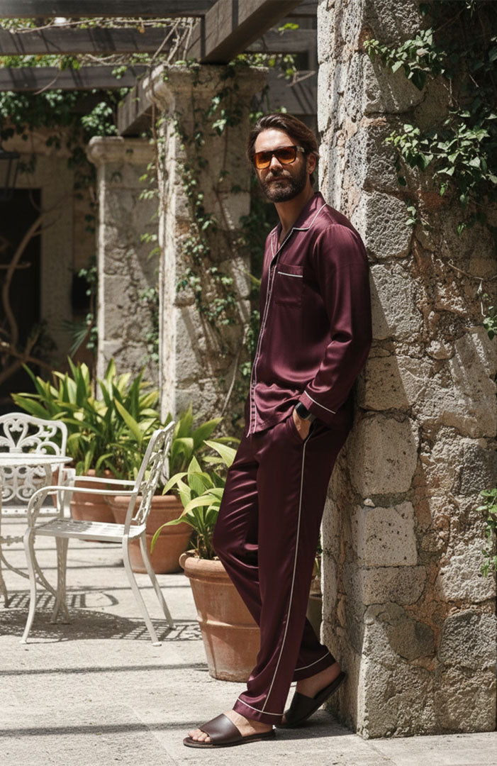 The Vino Valenti | Wine Red with Gold Detailing | Satin Loungewear Set