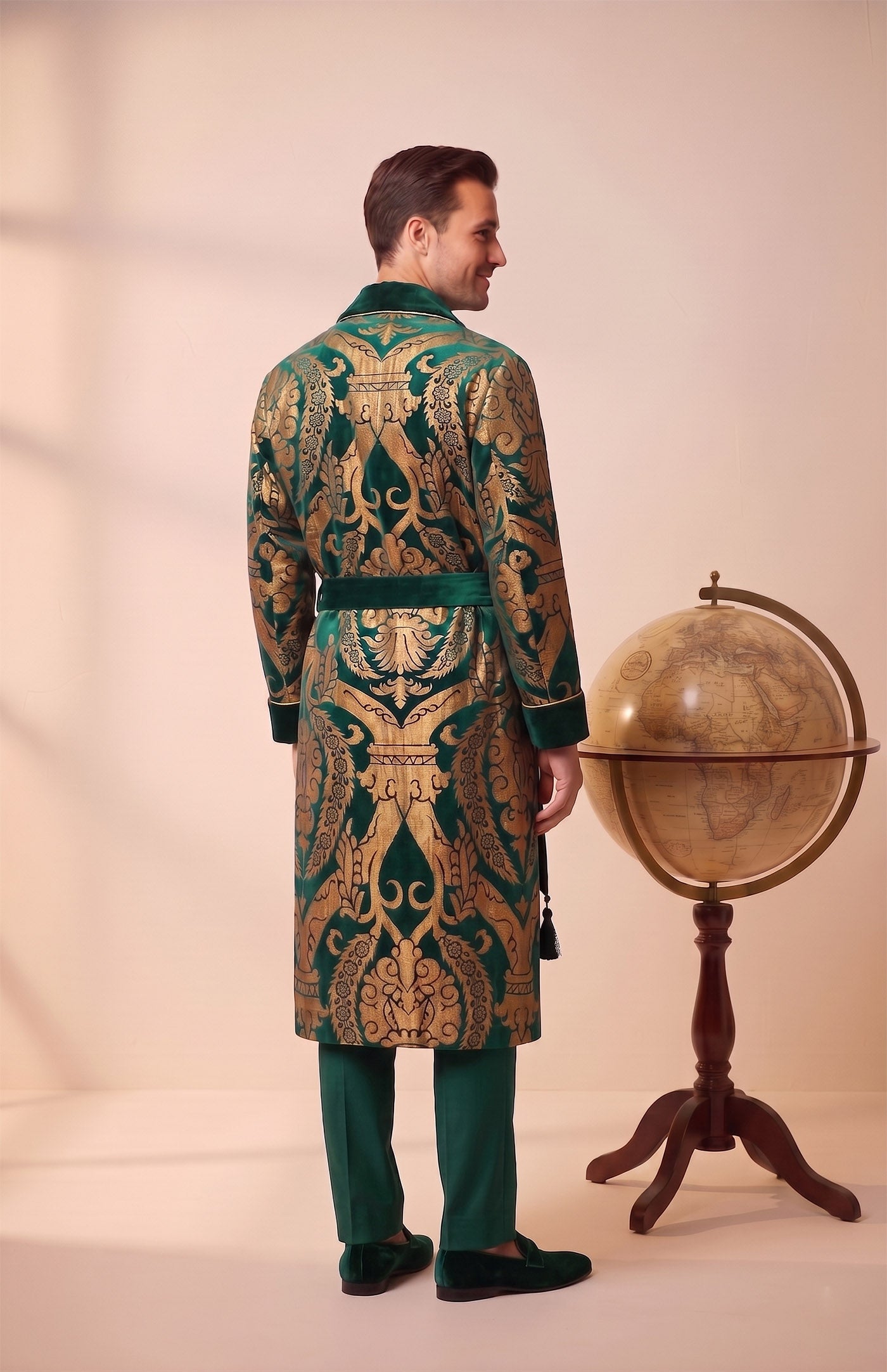 The Mysore Royal | Green Gold Foiled Quilted Velvet Robe for Men
