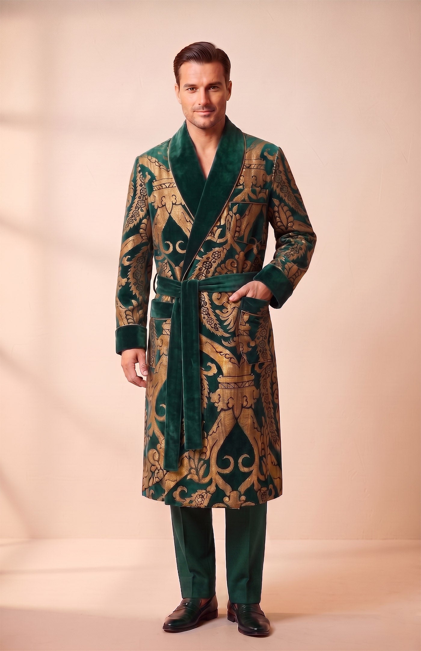 The Mysore Royal | Green Gold Foiled Quilted Velvet Robe for Men