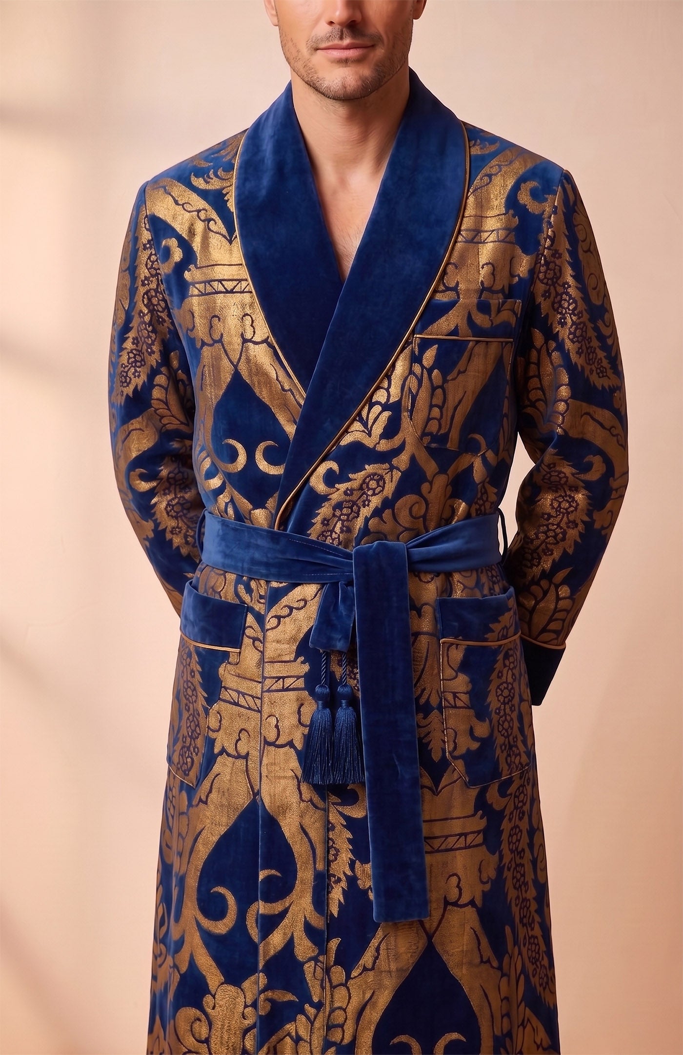 The Baroda Royal | Blue Gold Foiled Quilted Velvet Robe for Men