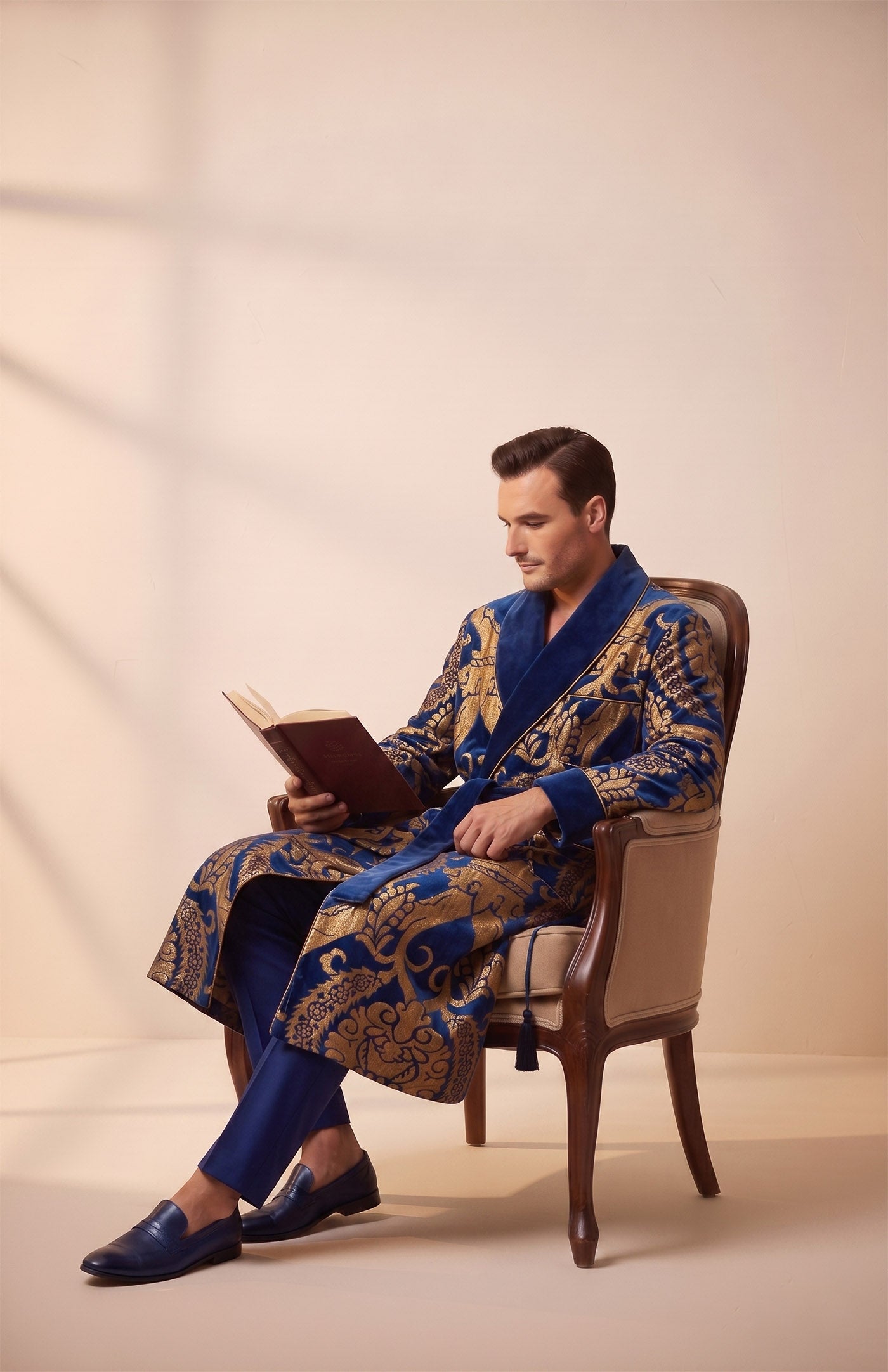The Baroda Royal | Blue Gold Foiled Quilted Velvet Robe for Men