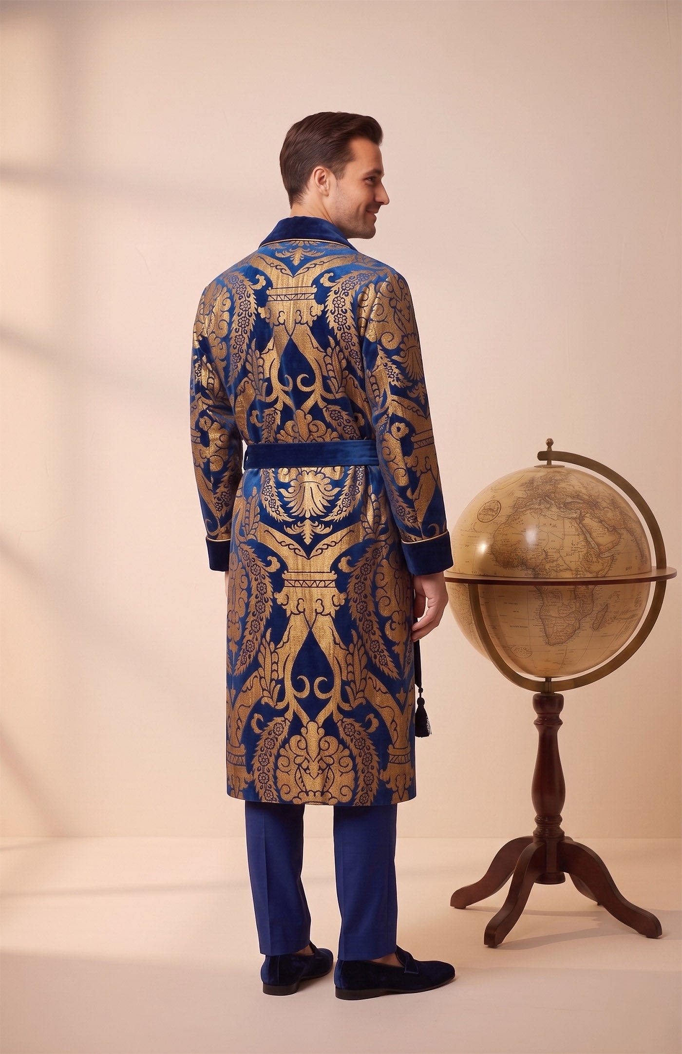 The Baroda Royal | Blue Gold Foiled Quilted Velvet Robe for Men