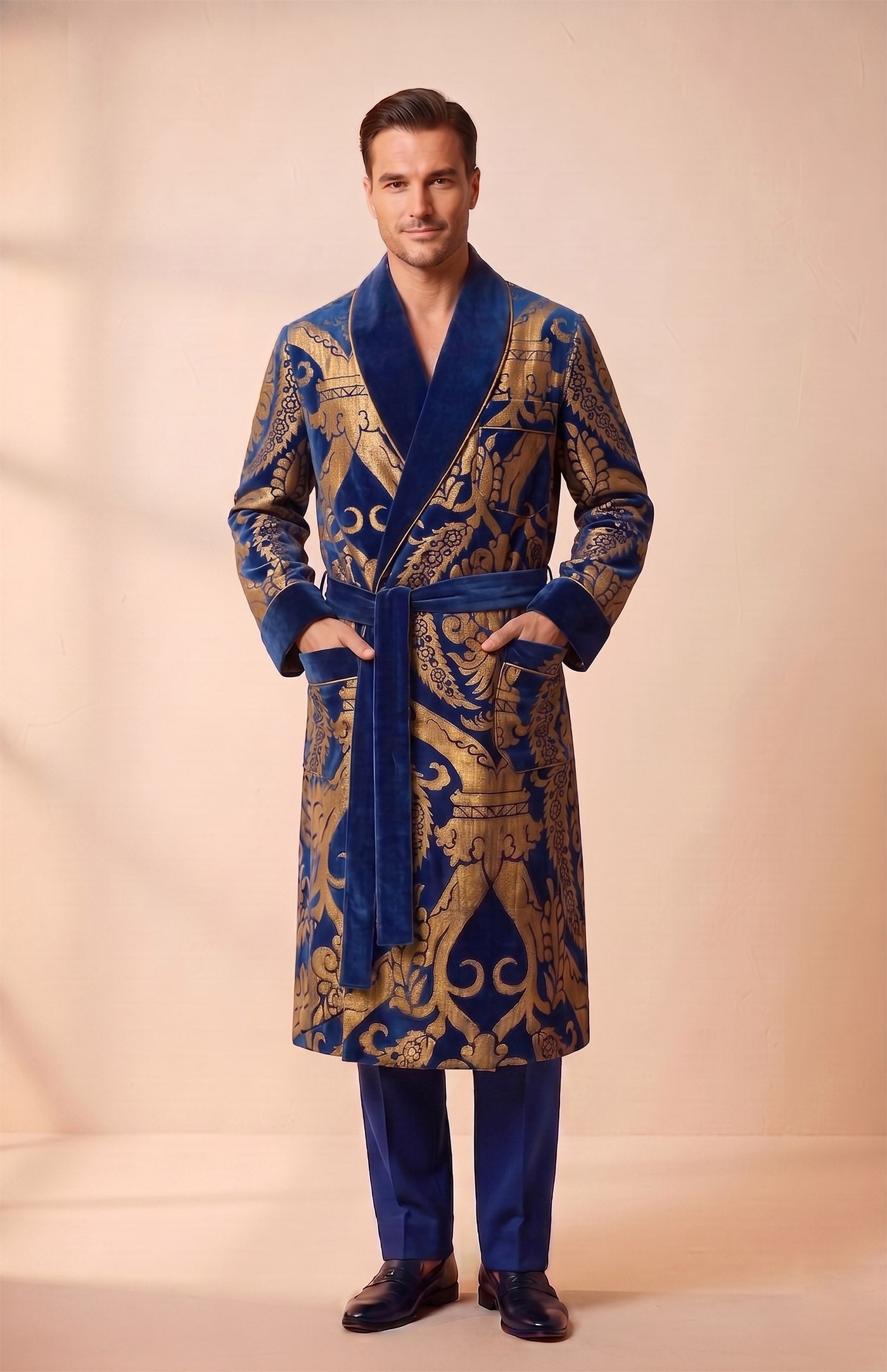 The Baroda Royal | Blue Gold Foiled Quilted Velvet Robe for Men