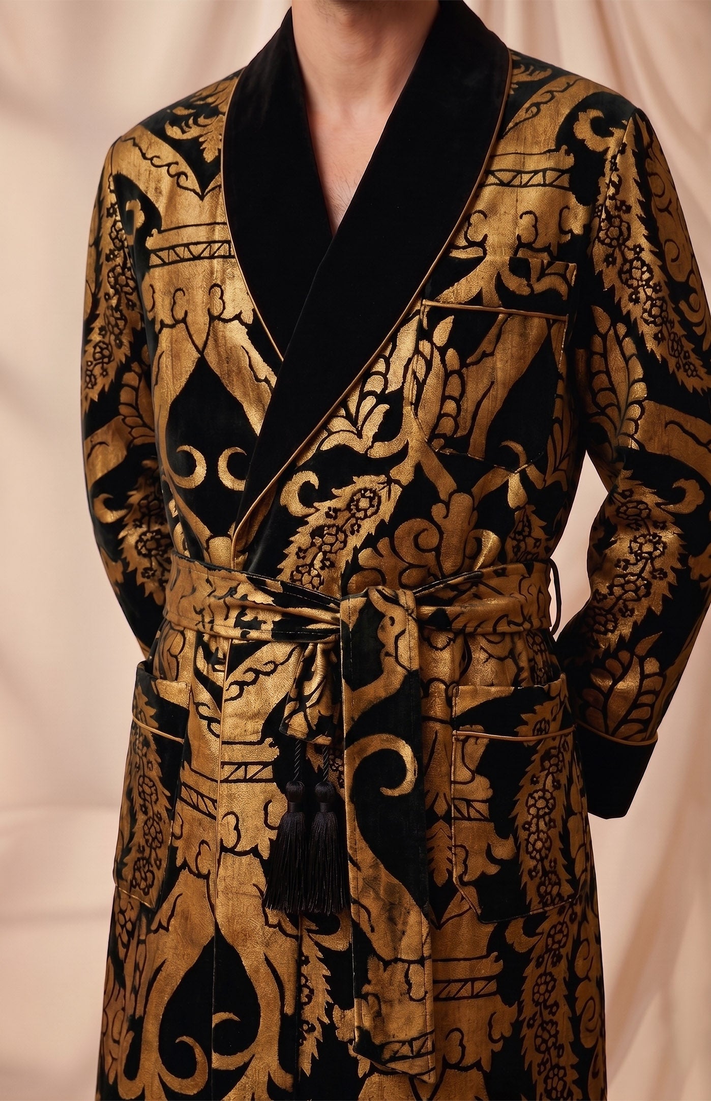 The Patiala Royal | Black Foiled Quilted Velvet Robe for Men