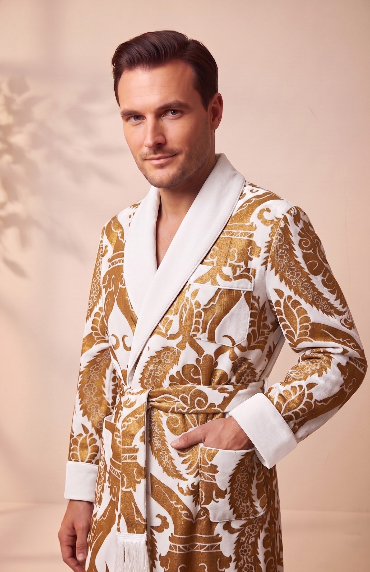 The Jaipur Royal | Ivory Gold Foiled Quilted Velvet Robe for Men