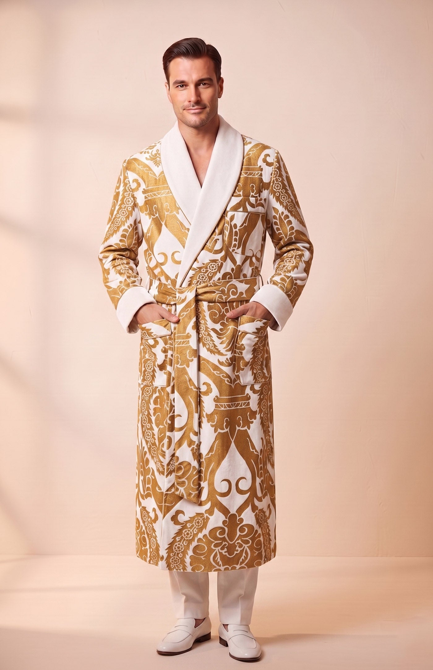 The Jaipur Royal | Ivory Gold Foiled Quilted Velvet Robe for Men