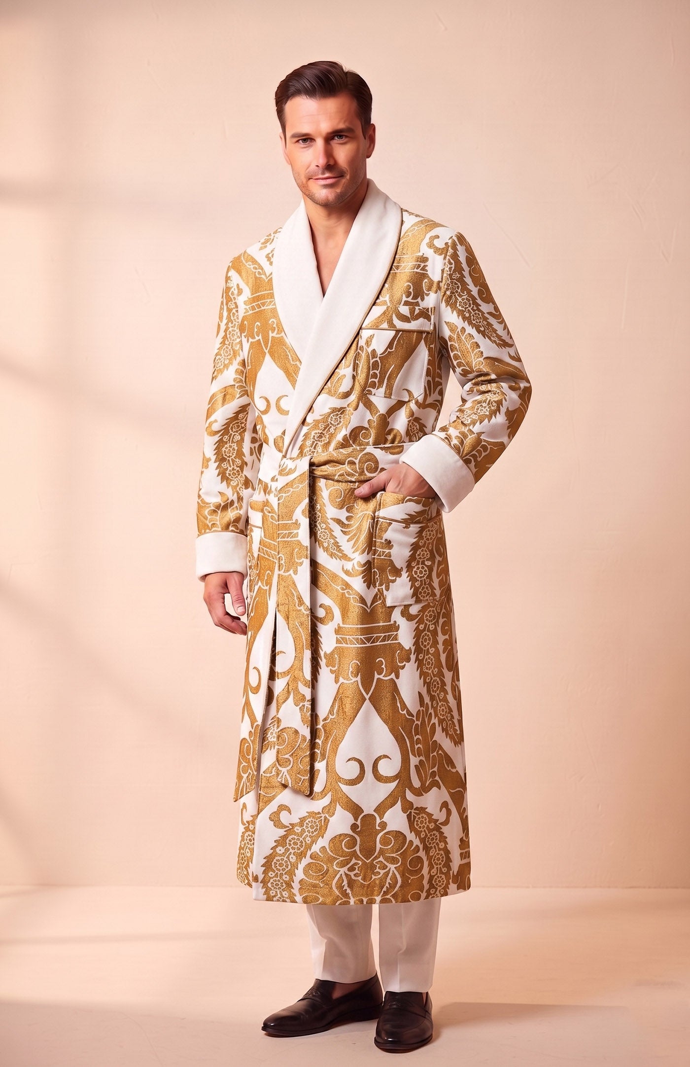 The Jaipur Royal | Ivory Gold Foiled Quilted Velvet Robe for Men