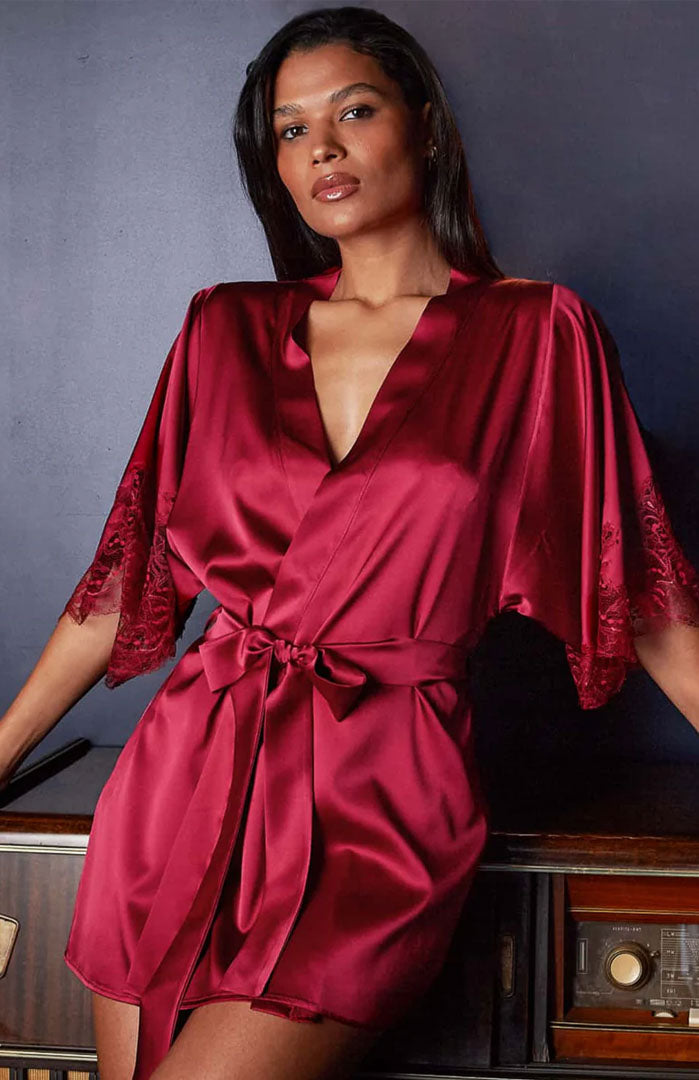 Crimson Desire Red Satin Lace Couture Robe