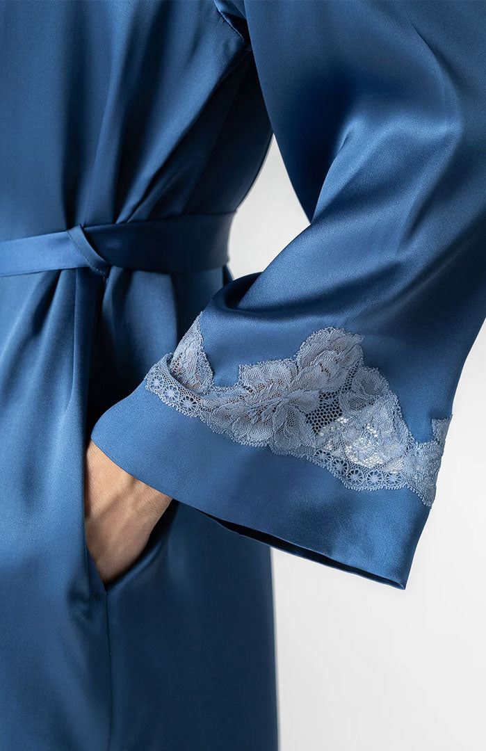 Midnight Serenity | Navy Blue Couture Satin & Lace Robe