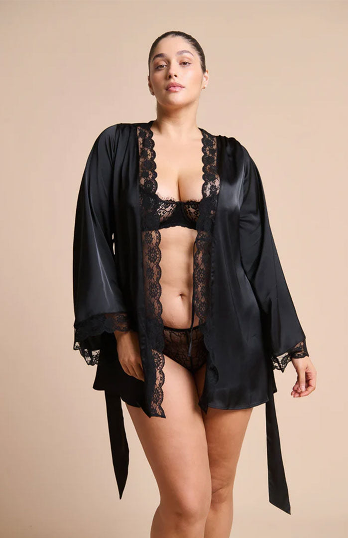 Midnight Allure | Black Couture Lace Satin Robe