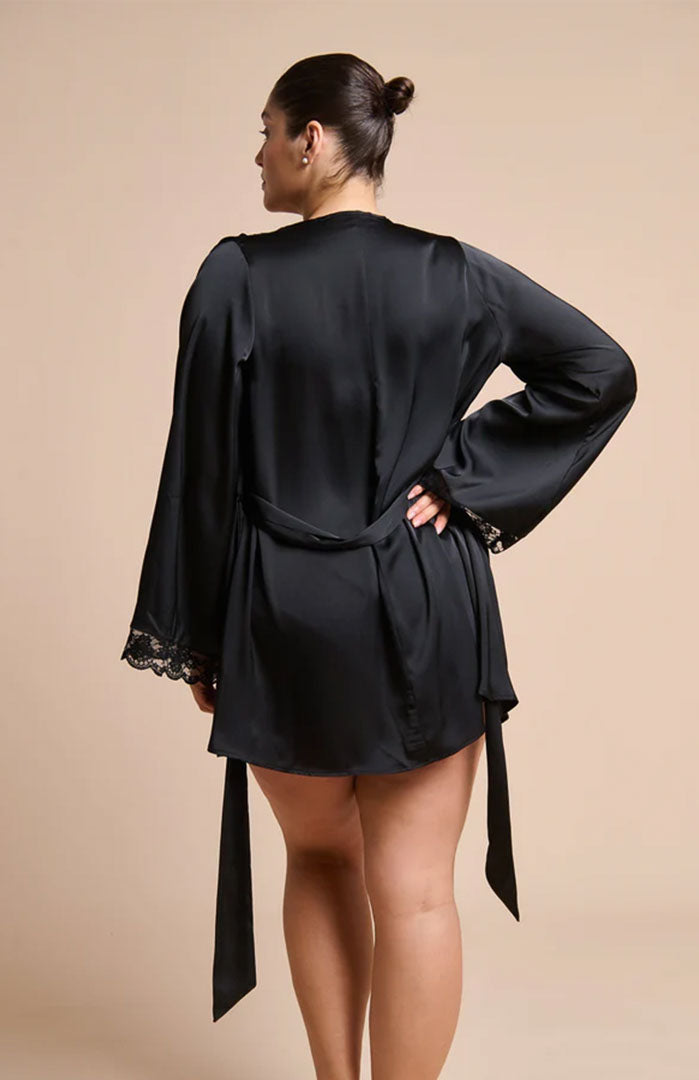 Midnight Allure | Black Couture Lace Satin Robe