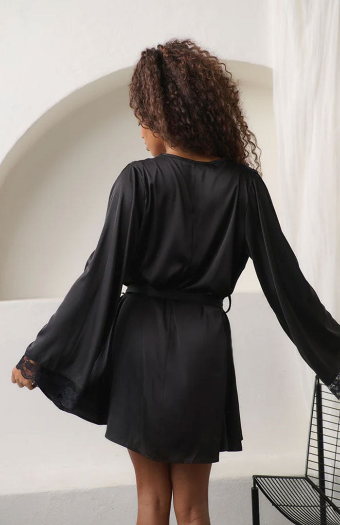 Midnight Allure | Black Couture Lace Satin Robe