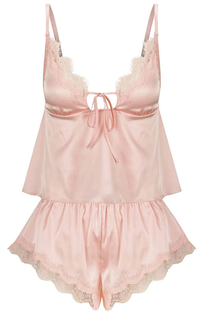 Blush Reverie | Pink Satin & Lace Short Set