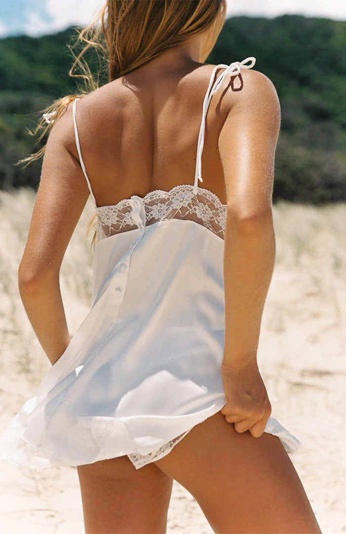 Moonlit Whisper | White Couture Satin & Lace Mini Slip