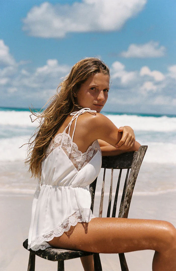 First Love | White Satin Couture Lace Romper