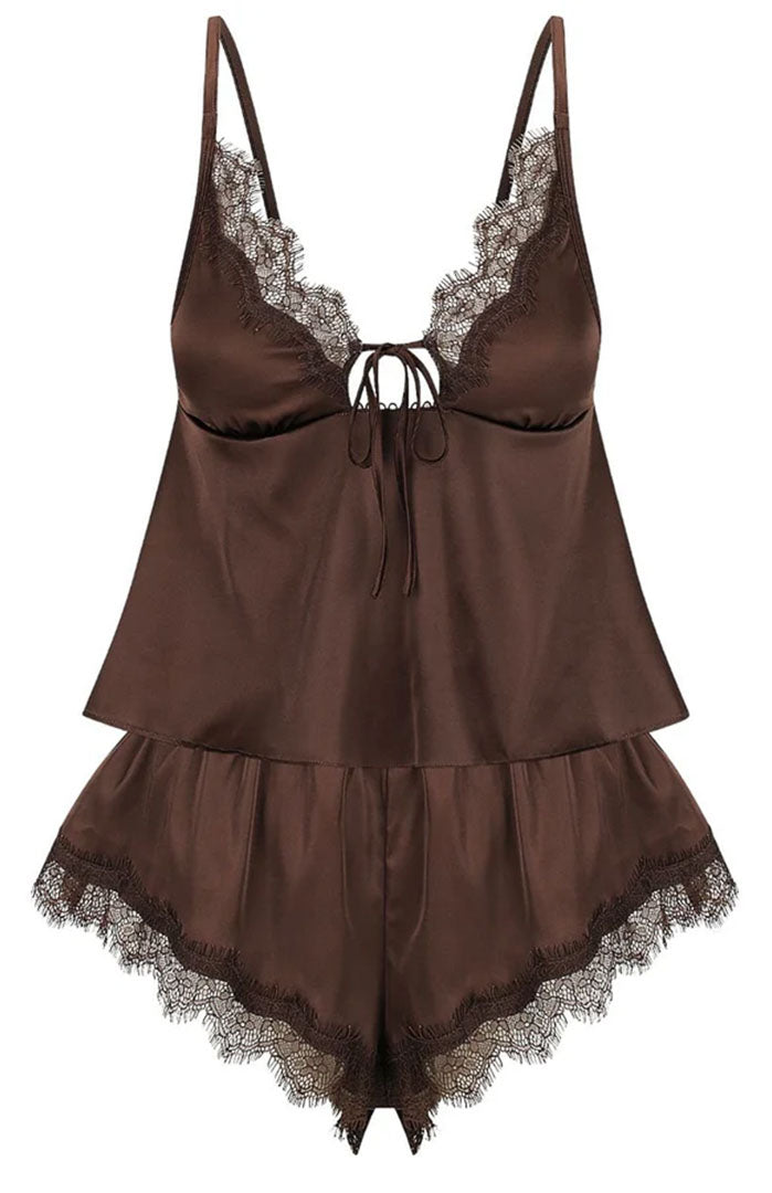 Midnight Espresso | Brown Satin & Lace Short Set
