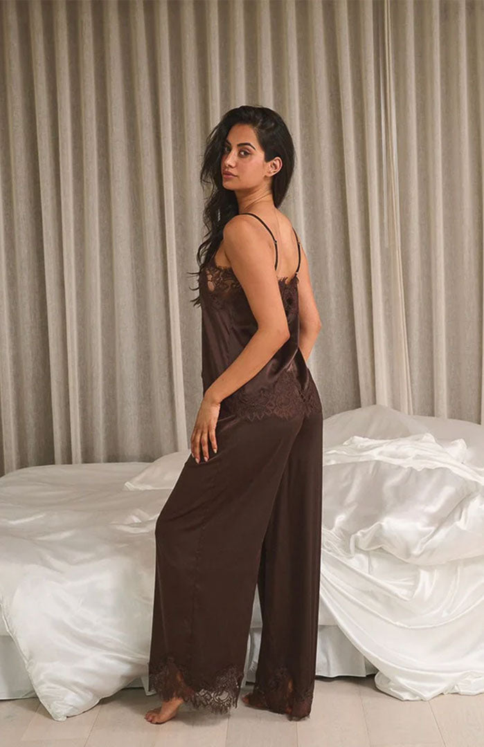 Cocoa Charmeuse | Brown Lace Cami & Wide-Leg Set