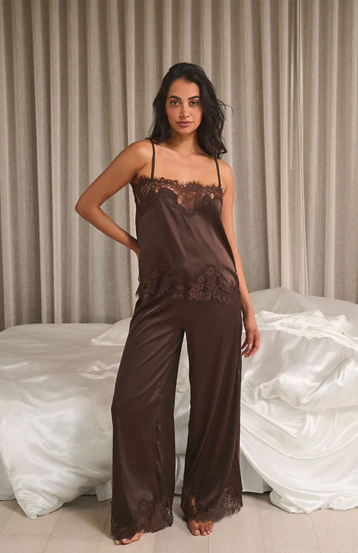 Cocoa Charmeuse | Brown Lace Cami & Wide-Leg Set