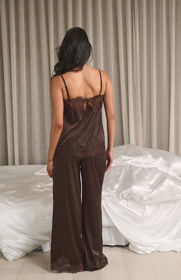 Cocoa Charmeuse | Brown Lace Cami & Wide-Leg Set
