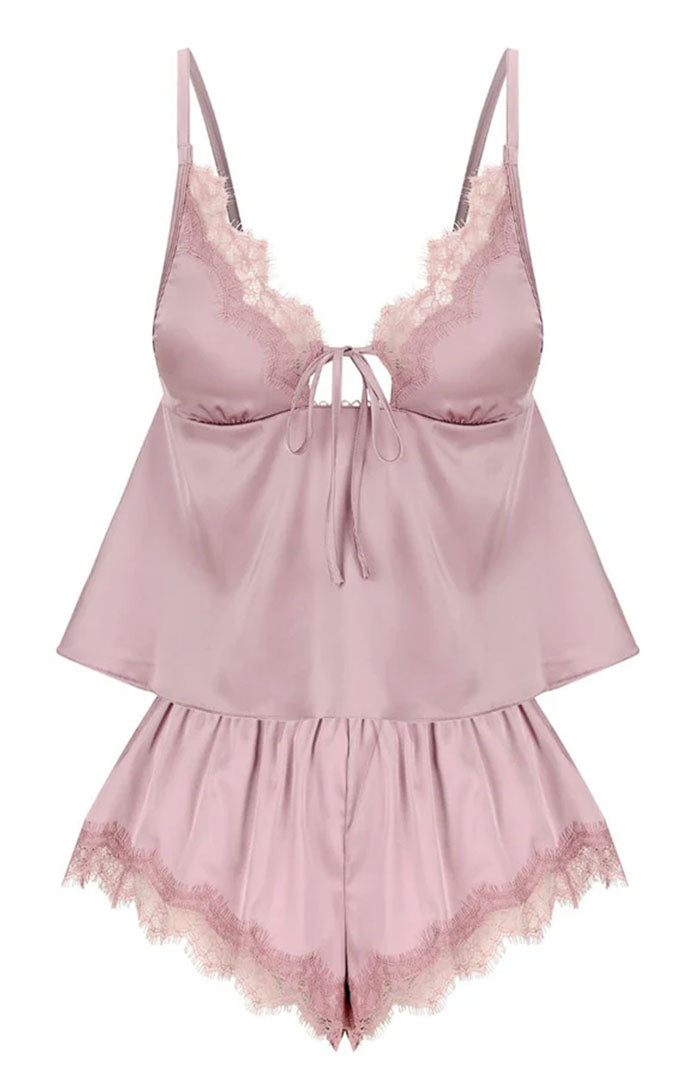 Lilac Mist | Mauve Satin & Lace Short Set