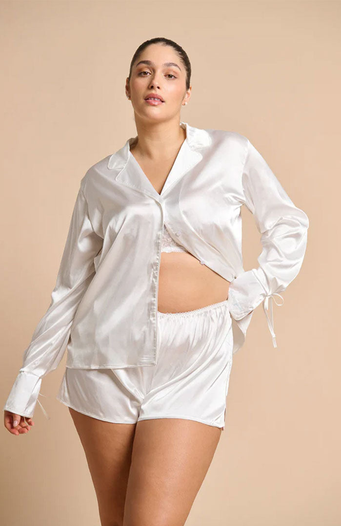 Vanilla Silk | White Satin Shirt & Shorts Set