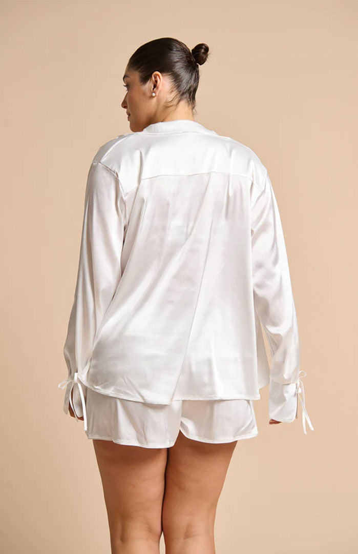 Vanilla Silk | White Satin Shirt & Shorts Set
