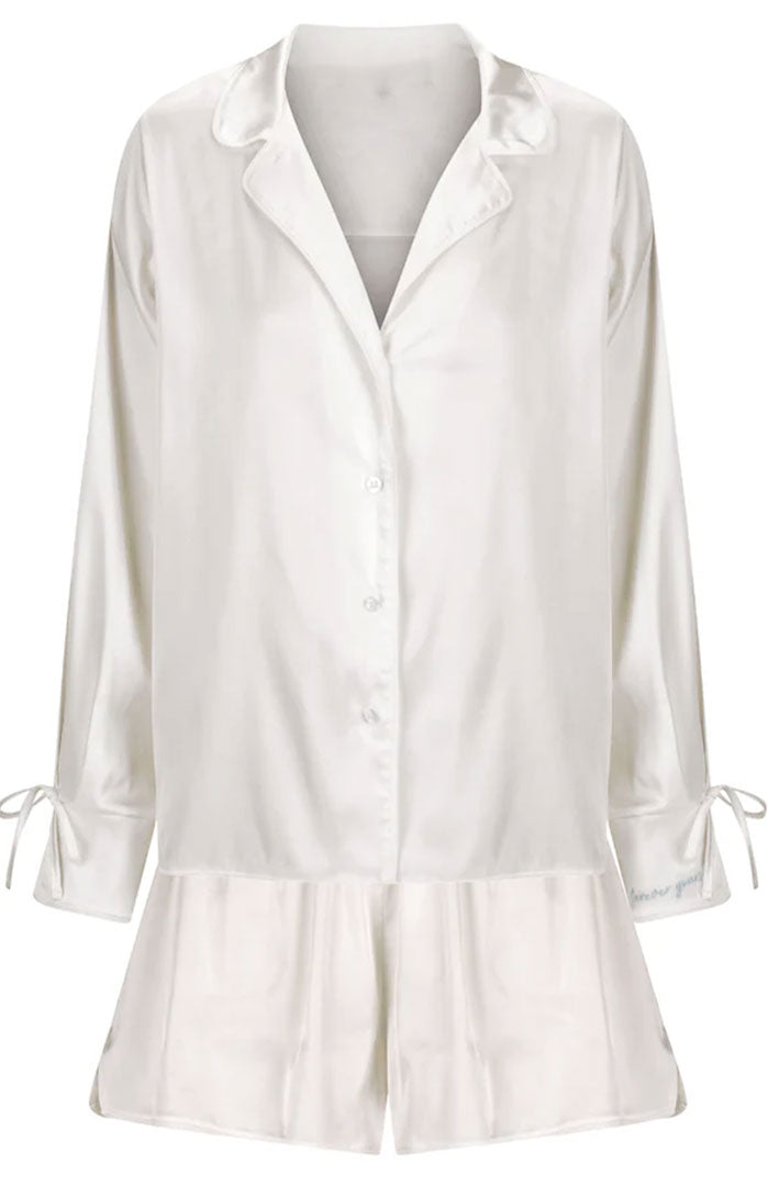 Vanilla Silk | White Satin Shirt & Shorts Set
