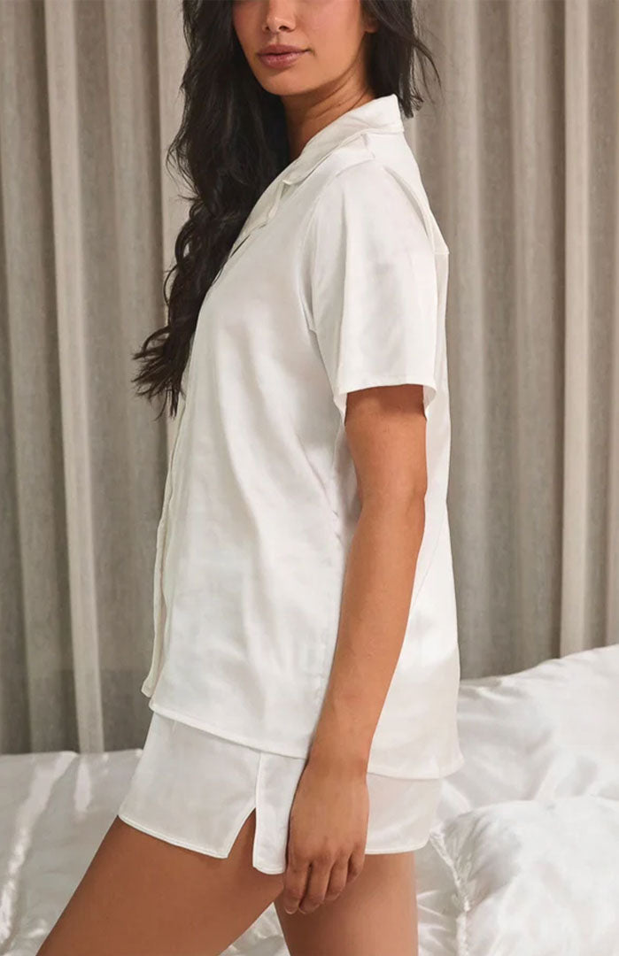 White Satin Short-Sleeve Shirt & Shorts Set