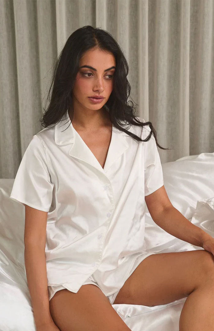 White Satin Short-Sleeve Shirt & Shorts Set