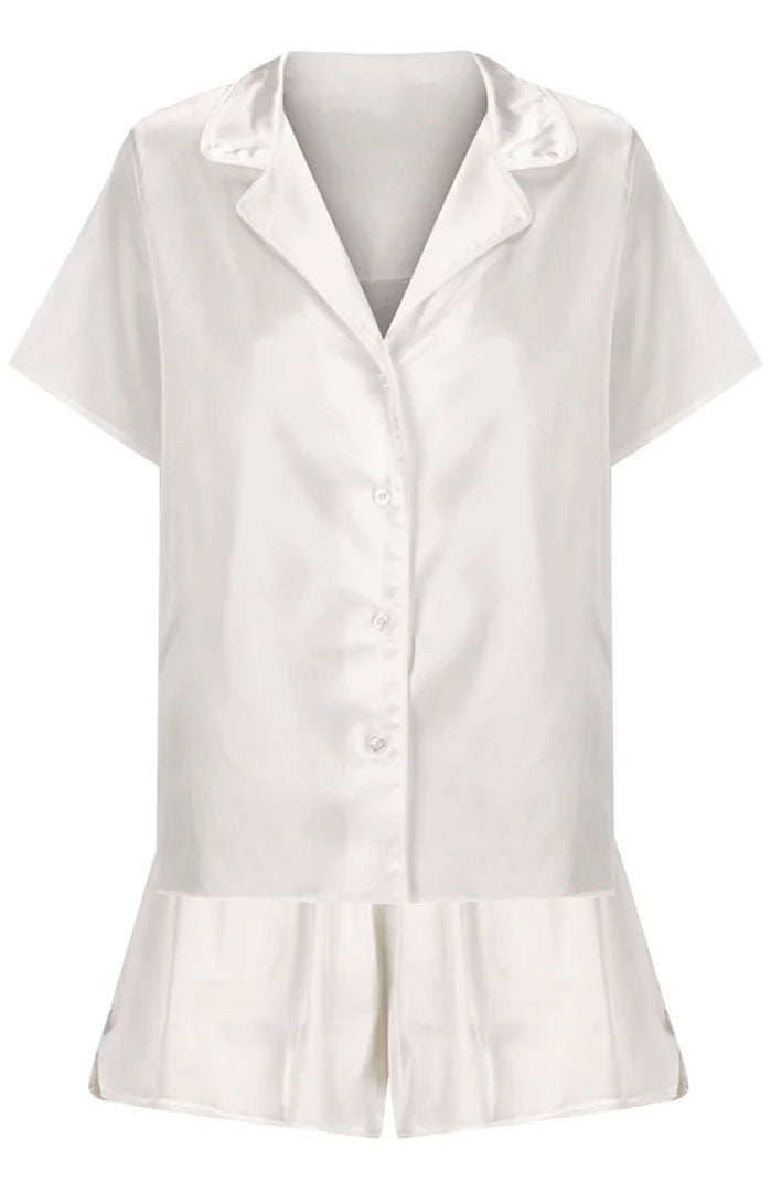 White Satin Short-Sleeve Shirt & Shorts Set
