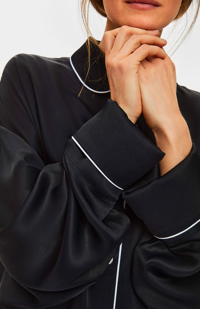 Monochrome Muse | Black Piped Satin Wide-Leg Set
