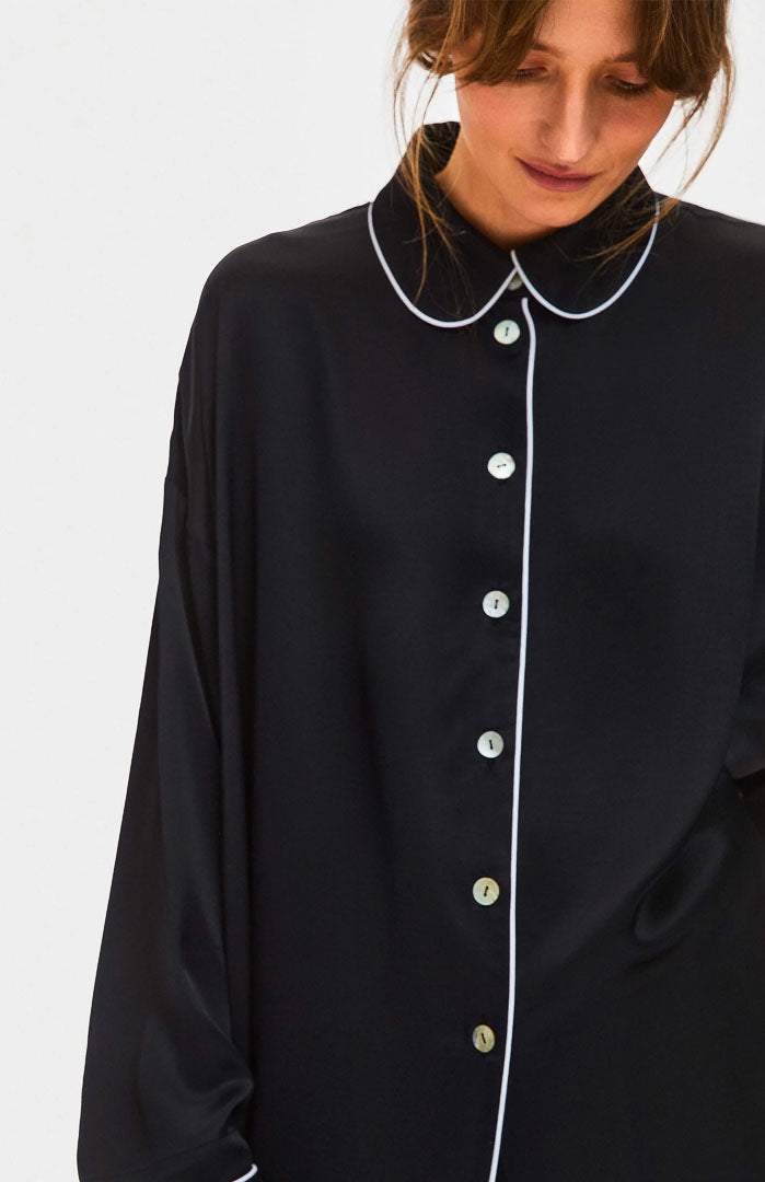 Monochrome Muse | Black Piped Satin Wide-Leg Set