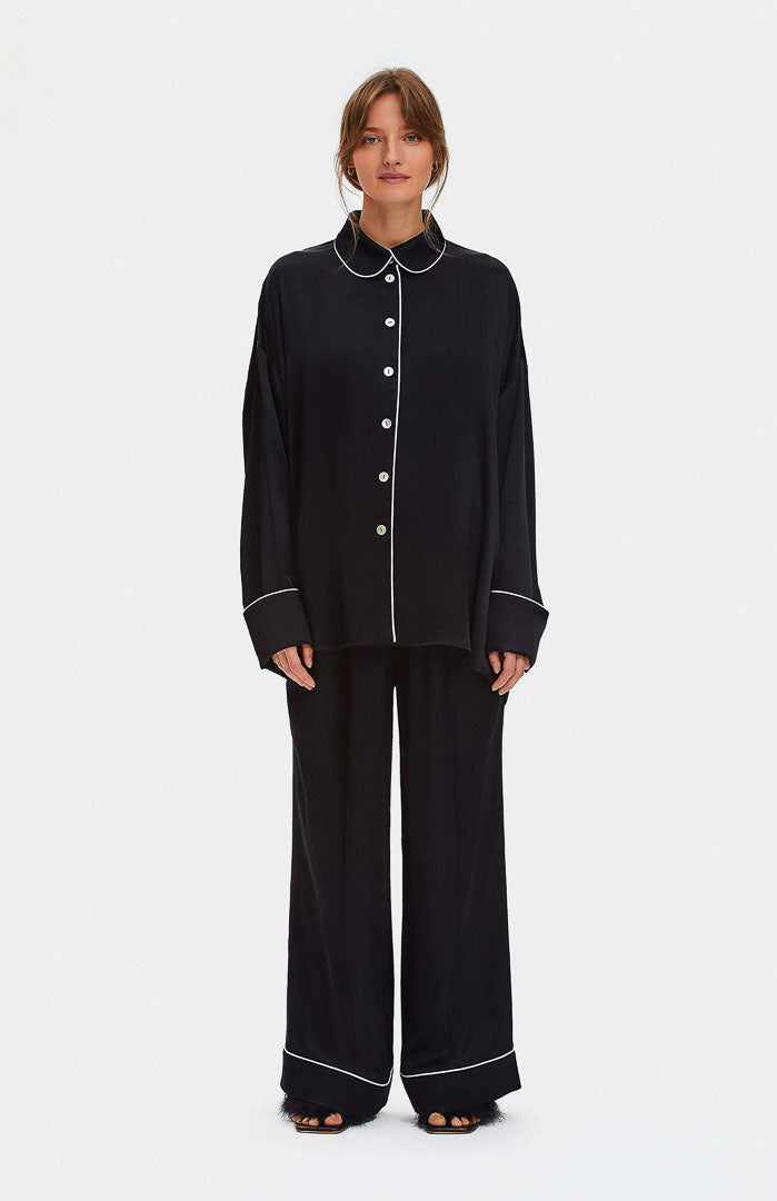 Monochrome Muse | Black Piped Satin Wide-Leg Set