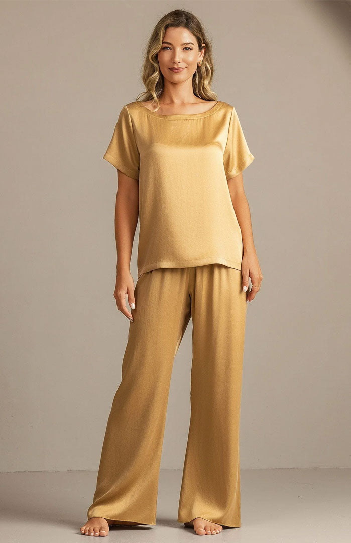 The Champagne Glow Set – Luxury Gold Satin Loungewear
