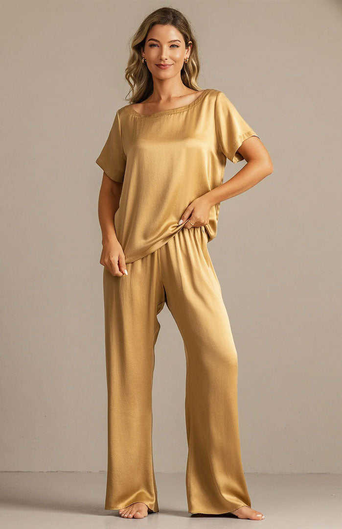 The Champagne Glow Set – Luxury Gold Satin Loungewear