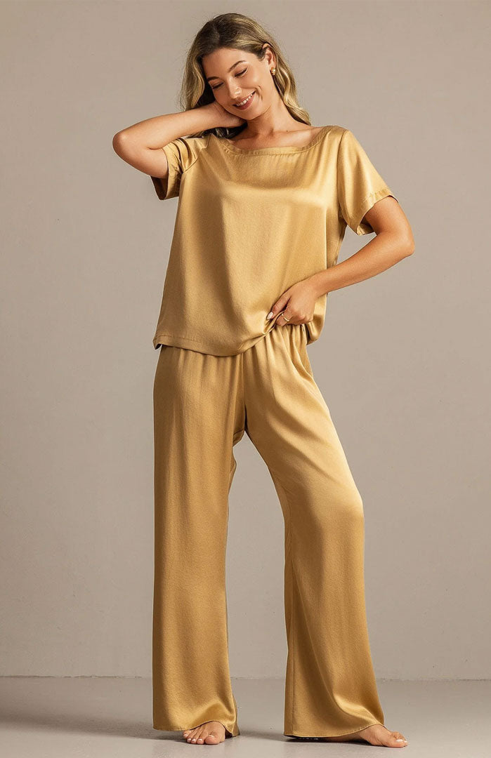 The Champagne Glow Set – Luxury Gold Satin Loungewear