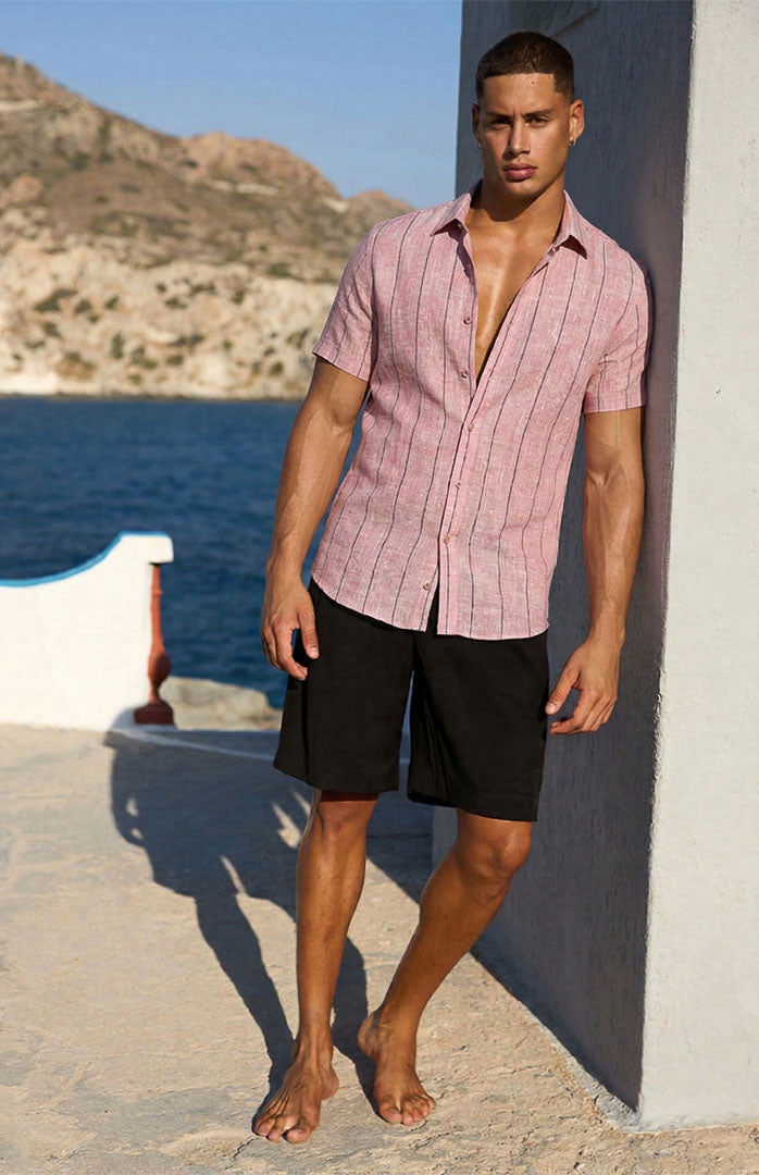 Rosé Riviera | Dusty Pink Striped Linen Blend Resort Shirt
