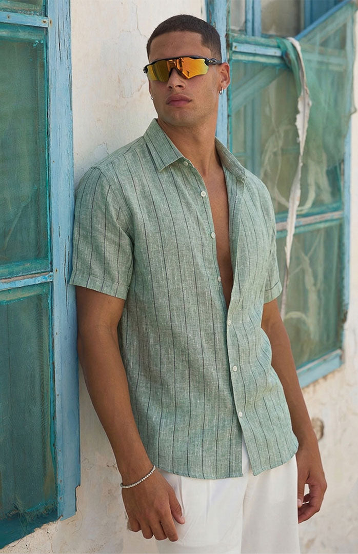 Verdant Escape | Sage Green Striped Linen Blend Resort Shirt