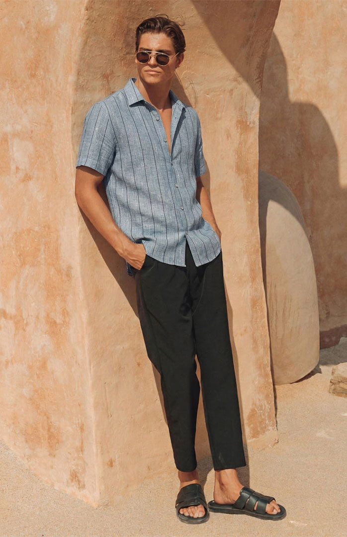Azure Coast | Blue Striped Linen Blend Resort Shirt