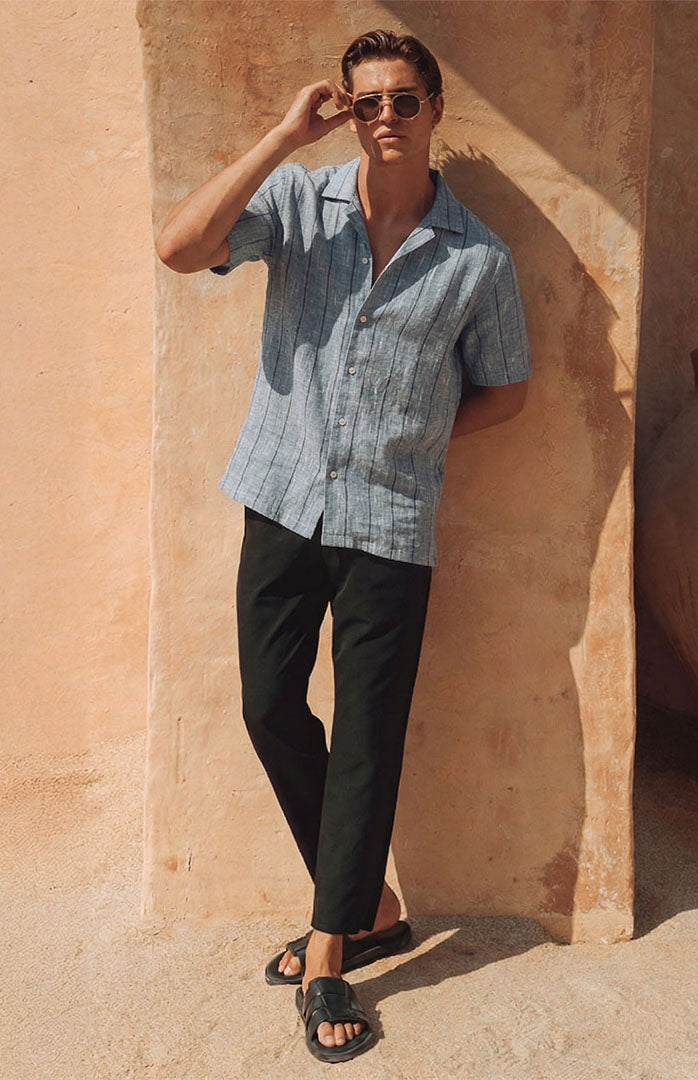 Azure Coast | Blue Striped Linen Blend Resort Shirt