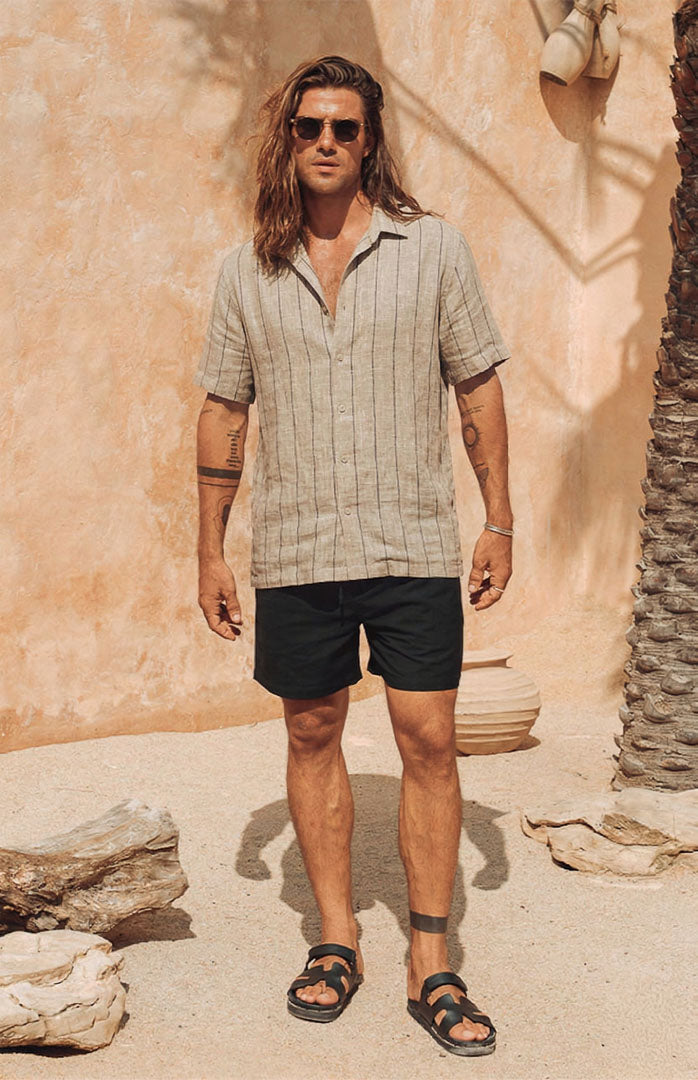 Sahara Drift | Beige Striped Linen Blend Resort Shirt