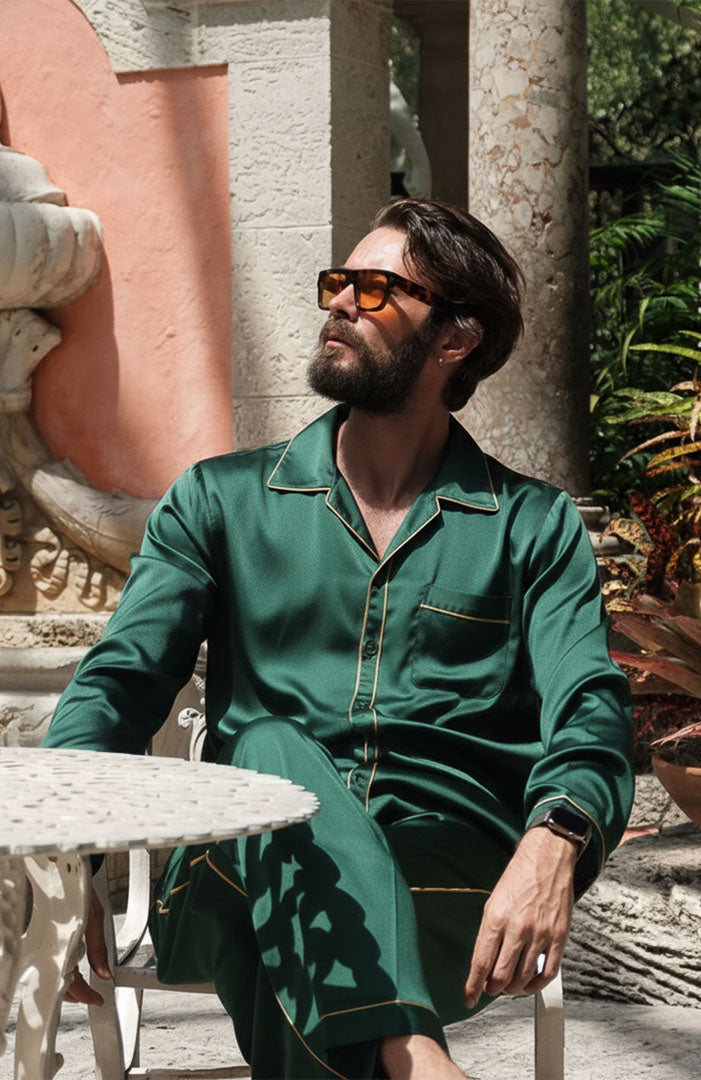 The Emerald Godfather | Green with Gold Detailing | Satin Loungewear Set