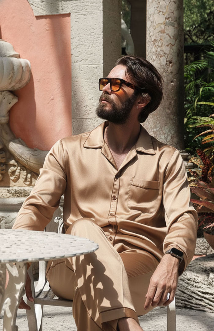 The Sicilian Gold | Beige with Brown Detailing | Satin Loungewear Set