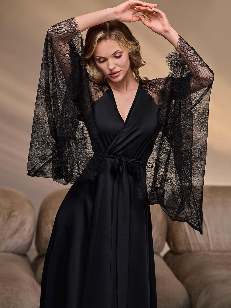 The Black Swan | Lace-Sleeve Satin Kimono Robe for Women