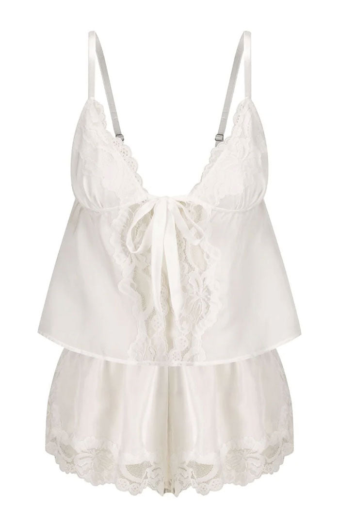 The Valentina Pearl | White Satin & Lace Short Set