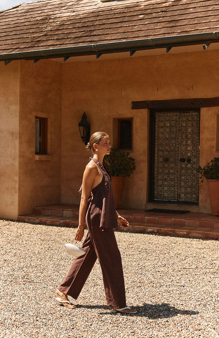Laila Cocoa Halter Co-ord Set | Cotton Linen Blend