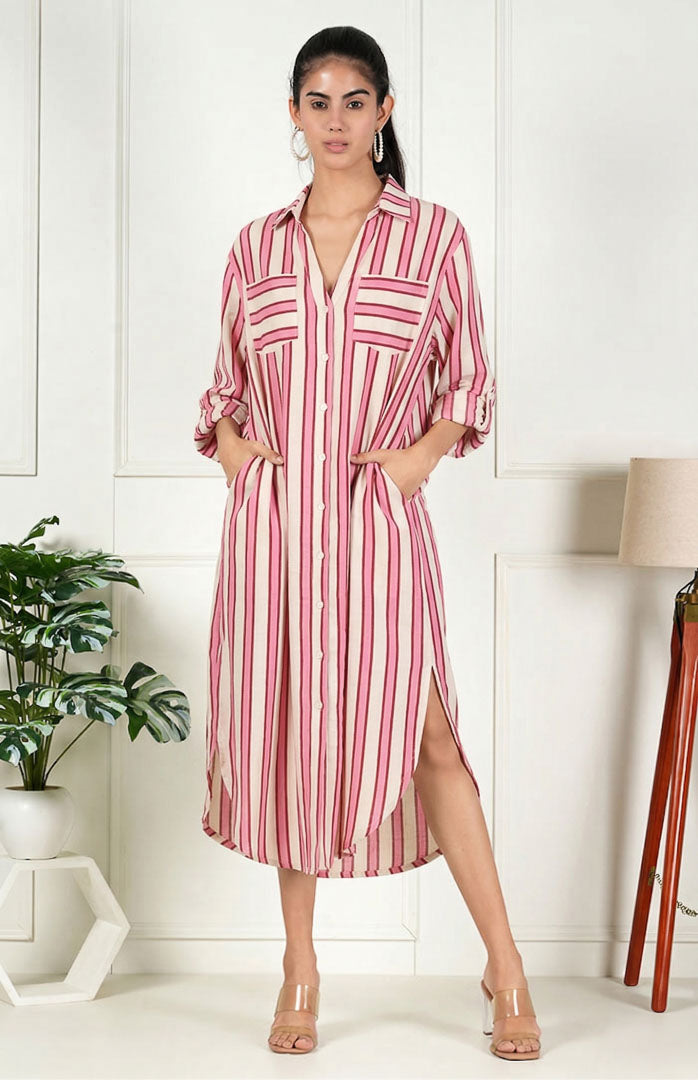 Buy Women Beige Stripe Long Shirt Shirt Dress Online