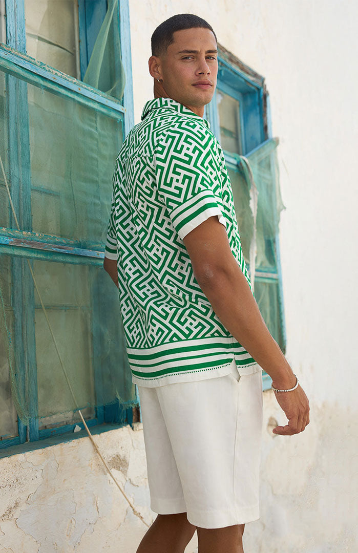 Green & White Geometric Printed Maze Satin Shirt