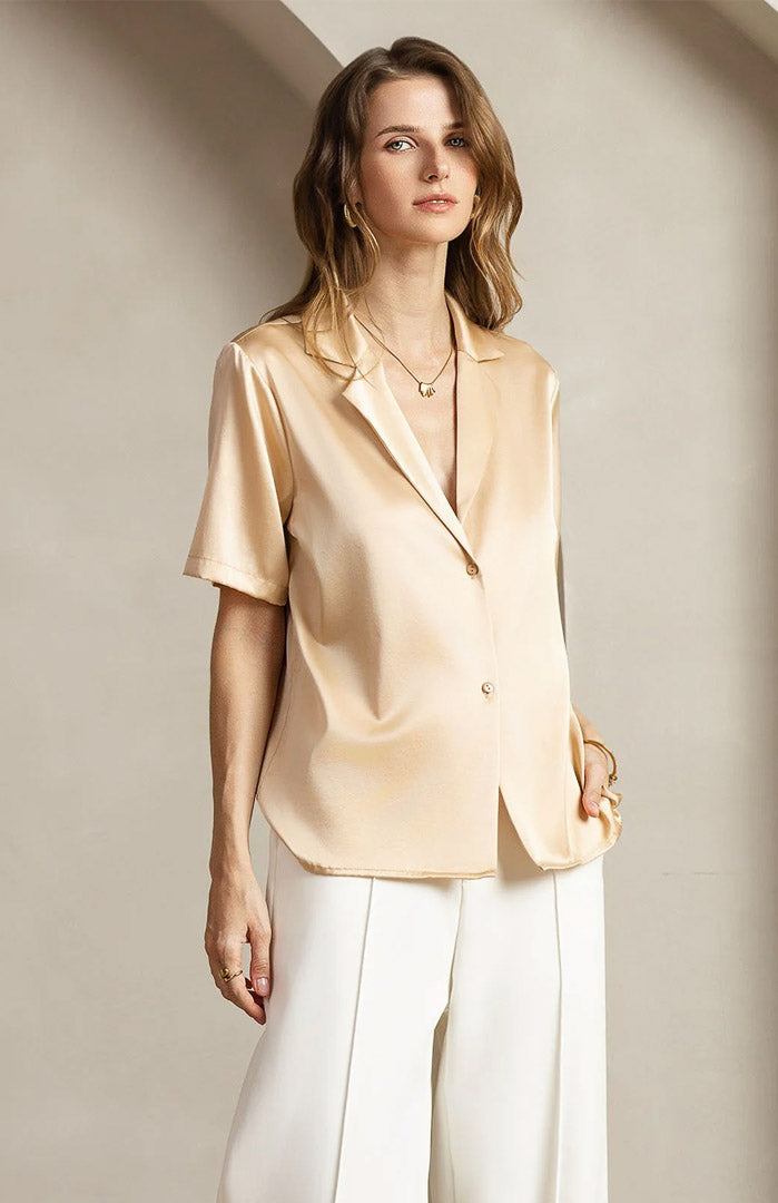 Golden Charm | Gold Satin Short-Sleeve Shirt