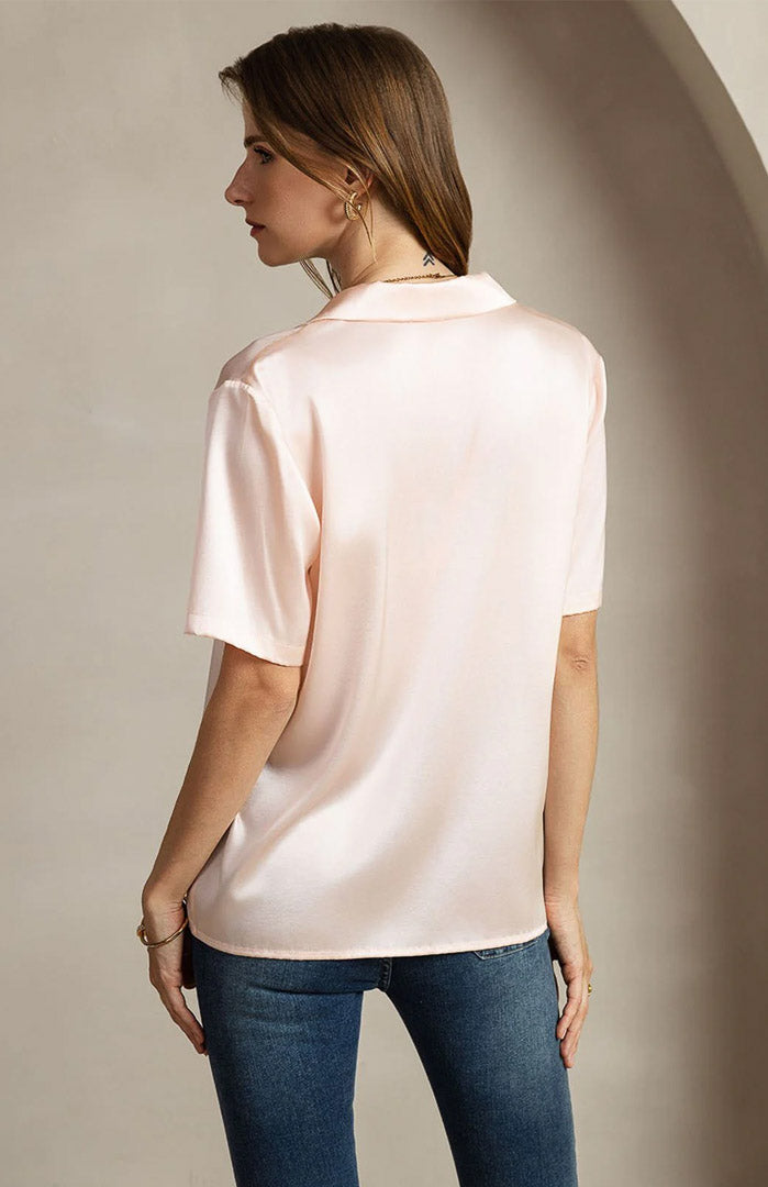 Blush Charm | Pink Satin Short-Sleeve Shirt